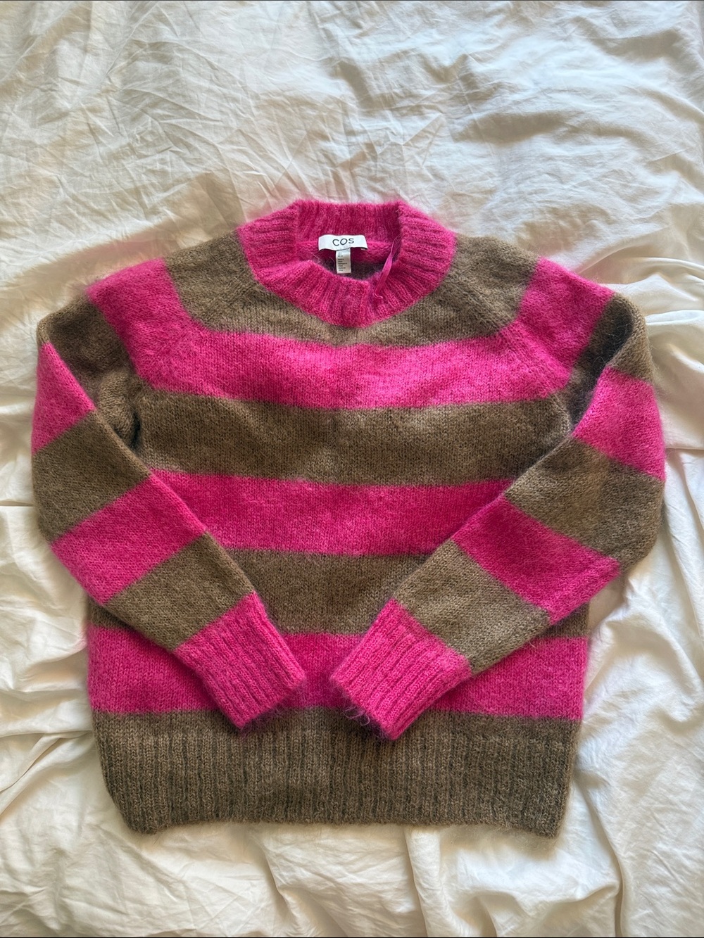 COS pink and Brown Striped Crewneck Sweater mohair sweater
